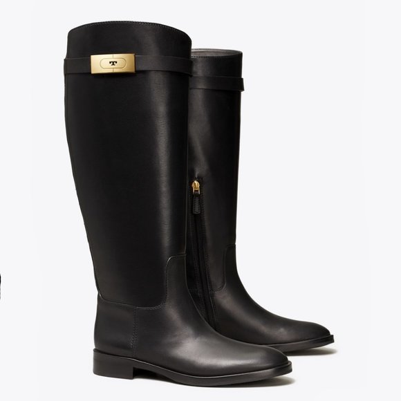 Tory Burch $528 NIB T Hardware Riding Boot Black Gold 7 9.5 - Picture 1 of 9